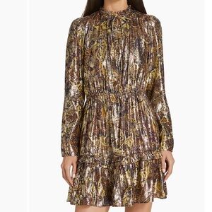ba&sh | "Capi" Metallic golf long sleeve high neck ruffle mini dress | Sz M NWT